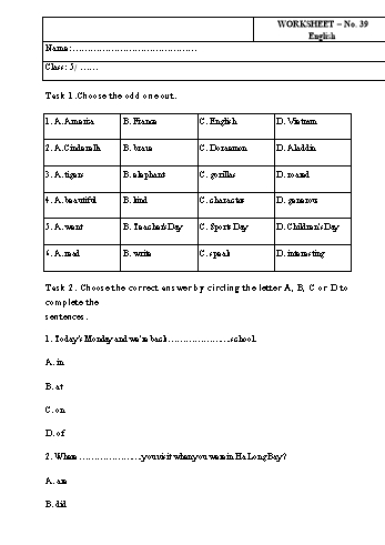 Phiếu bài tập môn Tiếng Anh Lớp 5 - Phiếu bài tập số 39 Phiếu bài tập môn Tiếng Anh Lớp 5 - Phiếu bài tập số 39