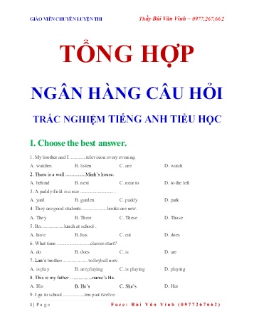 Tổng hợp ngân hàng câu hỏi trắc nghiệm Tiếng Anh Tiểu học